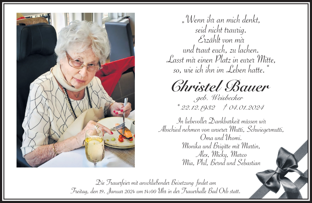  Traueranzeige für Christel Bauer vom 13.01.2024 aus Mittelhessen-Bote