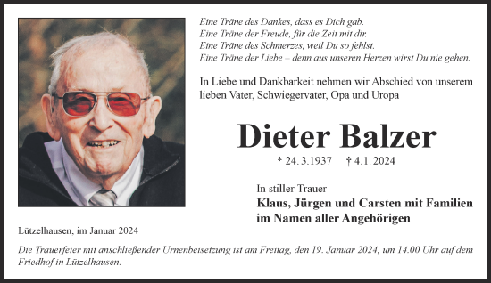 Traueranzeige von Dieter Balzer von Gelnhäuser Neue Zeitung