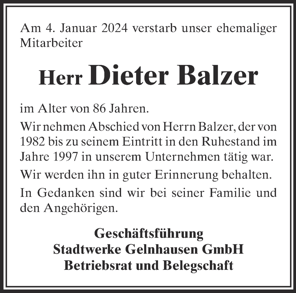  Traueranzeige für Dieter Balzer vom 13.01.2024 aus Gelnhäuser Neue Zeitung