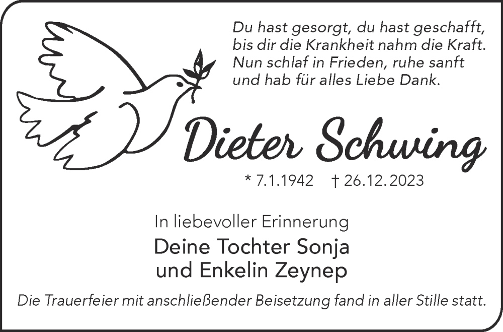  Traueranzeige für Dieter Schwing vom 20.01.2024 aus Gelnhäuser Neue Zeitung