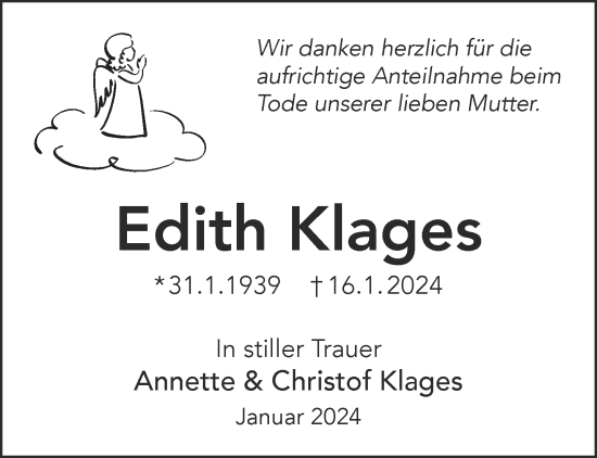 Traueranzeige von Edith Klages von Gelnhäuser Neue Zeitung