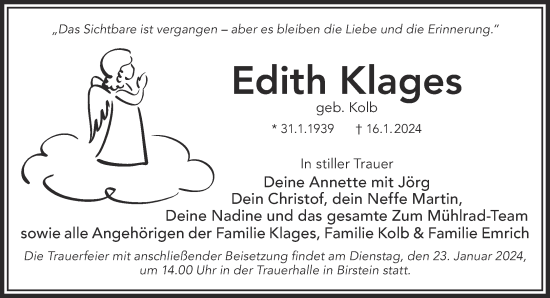 Traueranzeige von Edith Klages von Gelnhäuser Neue Zeitung