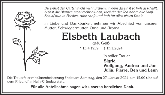 Traueranzeige von Elsbeth Laubach von Gelnhäuser Neue Zeitung