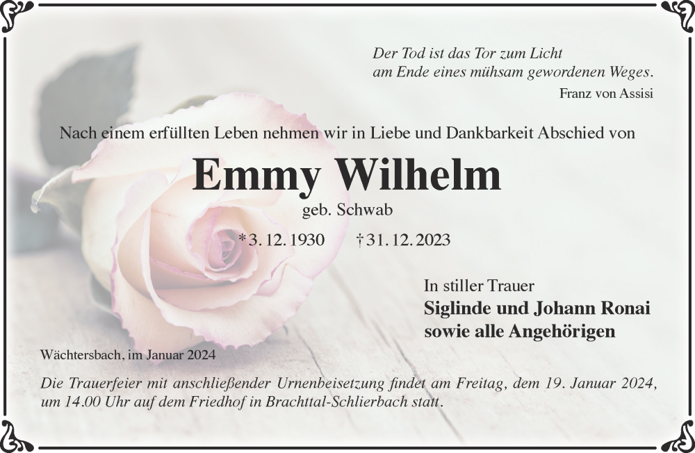  Traueranzeige für Emmy Wilhelm vom 13.01.2024 aus Mittelhessen-Bote