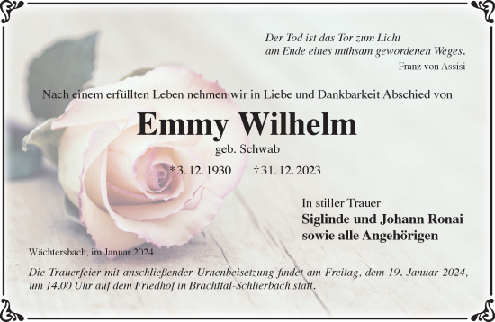 Traueranzeige von Emmy Wilhelm von Gelnhäuser Neue Zeitung