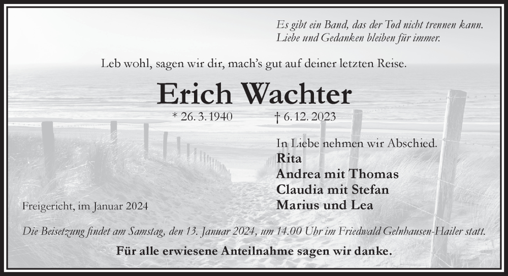  Traueranzeige für Erich Wachter vom 06.01.2024 aus Gelnhäuser Neue Zeitung