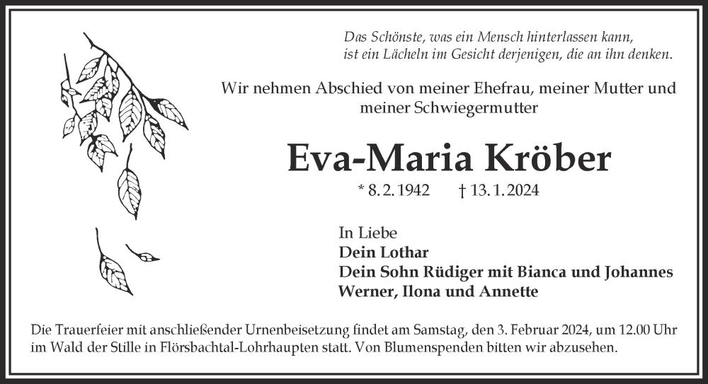  Traueranzeige für Eva-Maria Kröber vom 27.01.2024 aus Gelnhäuser Neue Zeitung