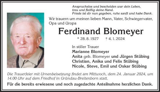 Traueranzeige von Ferdinand Blomeyer von Gelnhäuser Neue Zeitung