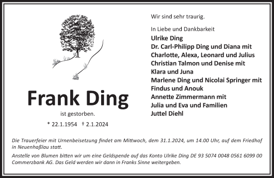 Traueranzeige von Frank Ding von Gelnhäuser Neue Zeitung
