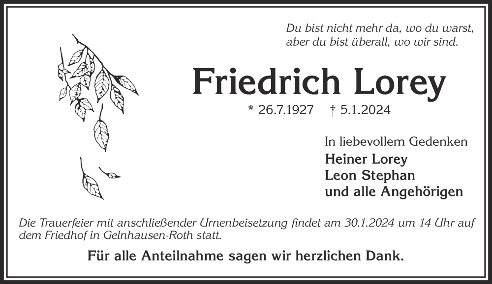  Traueranzeige für Friedrich Lorey vom 27.01.2024 aus Mittelhessen-Bote