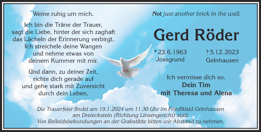  Traueranzeige für Gerd Röder vom 13.01.2024 aus Gelnhäuser Neue Zeitung