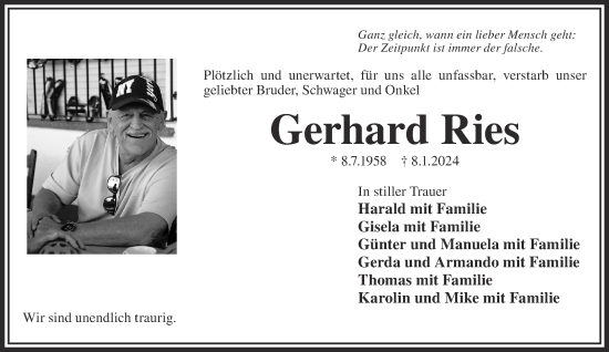 Traueranzeige von Gerhard Ries von Gelnhäuser Neue Zeitung
