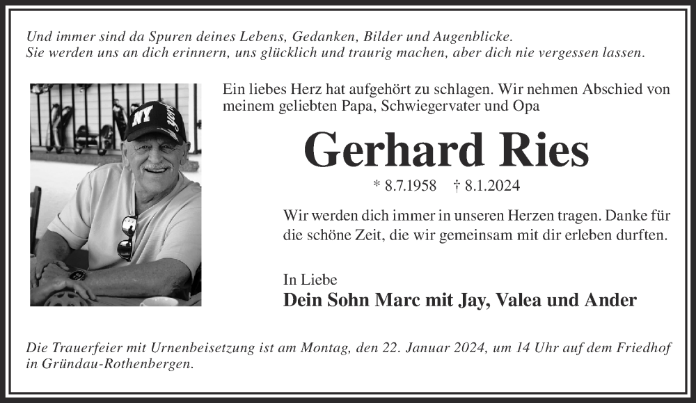  Traueranzeige für Gerhard Ries vom 20.01.2024 aus Mittelhessen-Bote