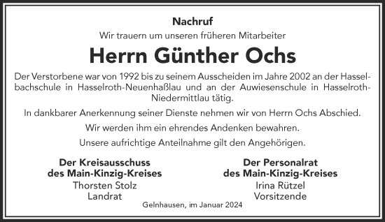 Traueranzeige von Günther Ochs von Gelnhäuser Neue Zeitung