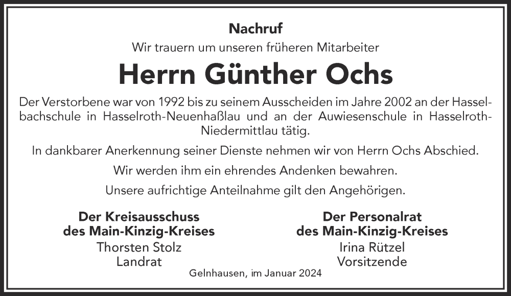  Traueranzeige für Günther Ochs vom 27.01.2024 aus Gelnhäuser Neue Zeitung