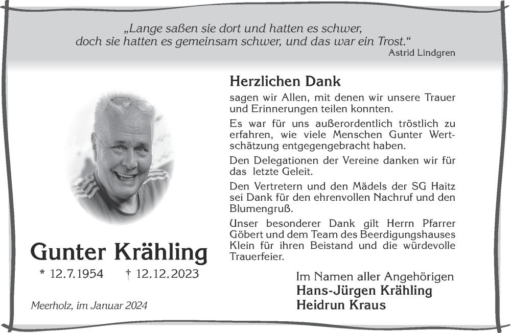  Traueranzeige für Gunter Krähling vom 20.01.2024 aus Gelnhäuser Neue Zeitung