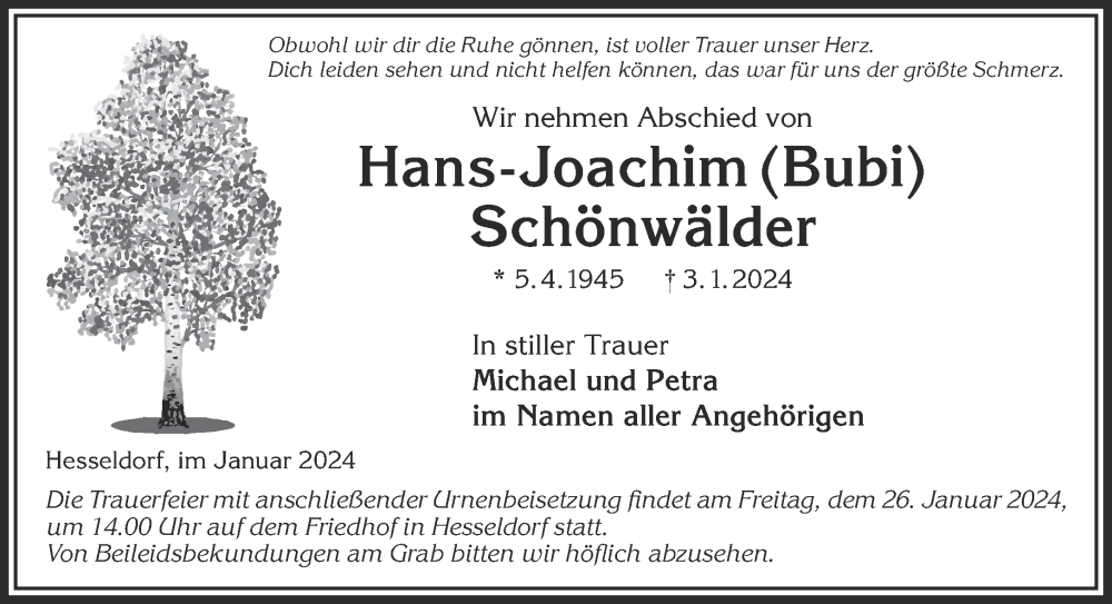  Traueranzeige für Hans-Joachim Schönwälder vom 13.01.2024 aus Gelnhäuser Neue Zeitung
