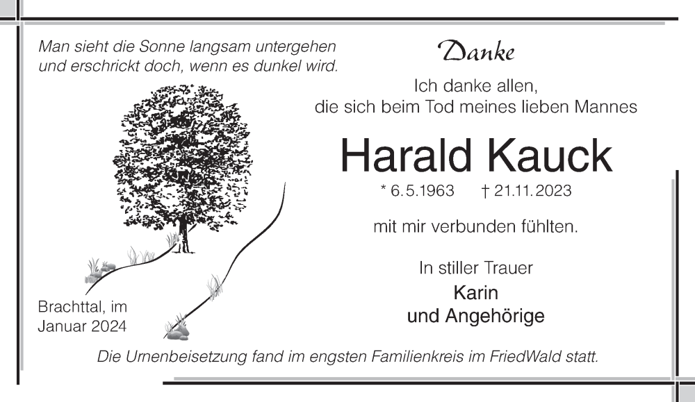  Traueranzeige für Harald Kauck vom 06.01.2024 aus Gelnhäuser Neue Zeitung