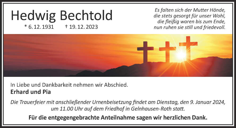  Traueranzeige für Hedwig Bechtold vom 06.01.2024 aus Mittelhessen-Bote