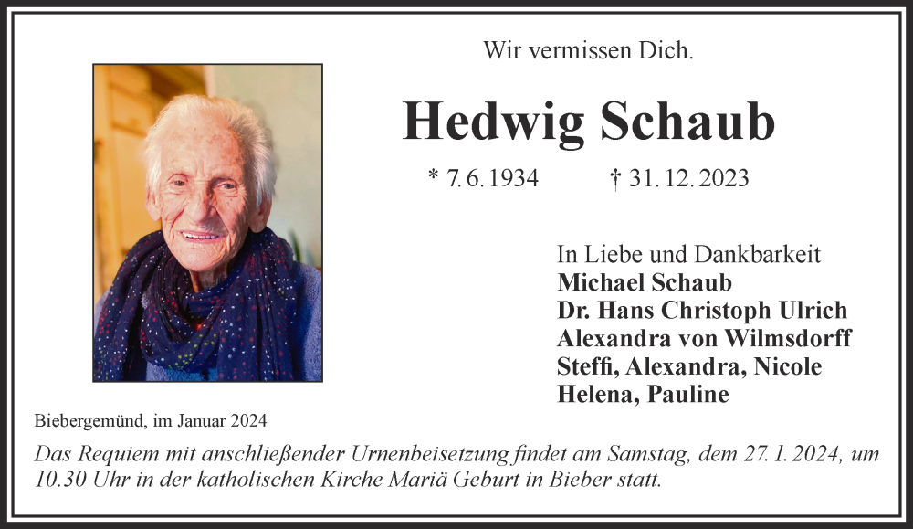  Traueranzeige für Hedwig Schaub vom 13.01.2024 aus Gelnhäuser Neue Zeitung