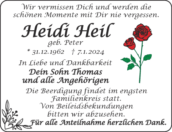 Traueranzeige von Heidi Heil von Gelnhäuser Neue Zeitung