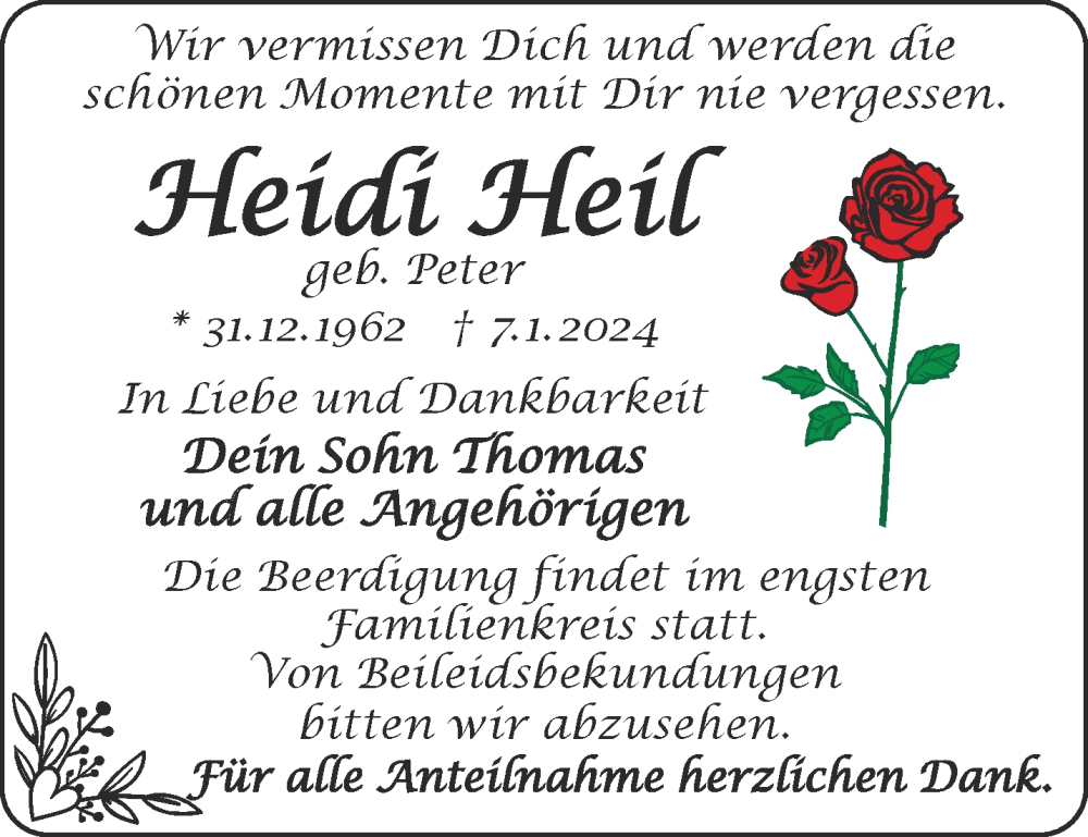  Traueranzeige für Heidi Heil vom 13.01.2024 aus Mittelhessen-Bote