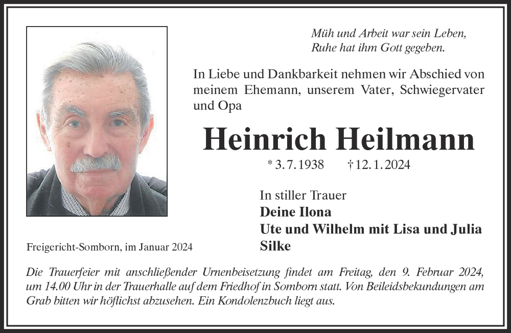  Traueranzeige für Heinrich Heilmann vom 27.01.2024 aus Gelnhäuser Neue Zeitung