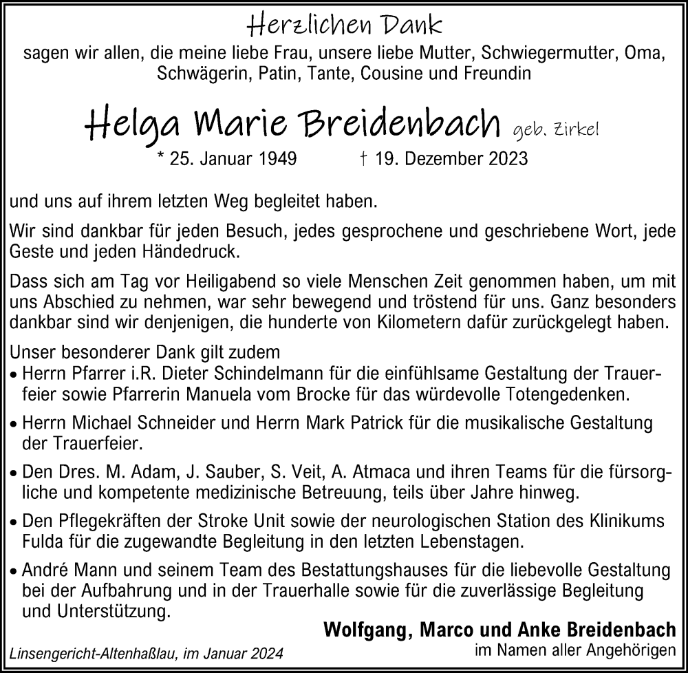  Traueranzeige für Helga Marie Breidenbach vom 20.01.2024 aus Gelnhäuser Neue Zeitung