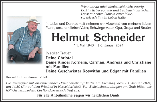 Traueranzeige von Helmut Schneider von Gelnhäuser Neue Zeitung