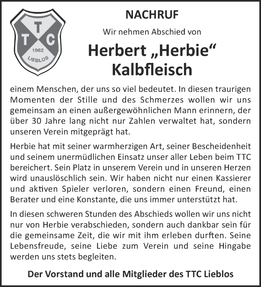  Traueranzeige für Herbert Kalbfleisch vom 06.01.2024 aus Gelnhäuser Neue Zeitung