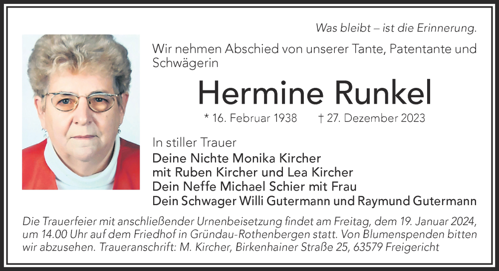  Traueranzeige für Hermine Runkel vom 13.01.2024 aus Gelnhäuser Neue Zeitung
