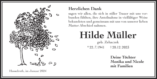 Traueranzeige von Hilde Müller von Gelnhäuser Neue Zeitung