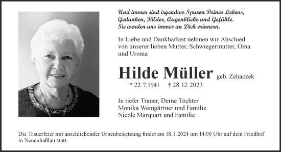 Traueranzeige von Hilde Müller von Gelnhäuser Neue Zeitung