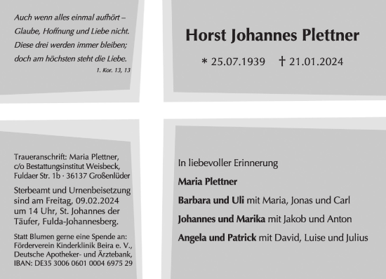 Traueranzeige von Horst Johannes Plettner von Gelnhäuser Neue Zeitung