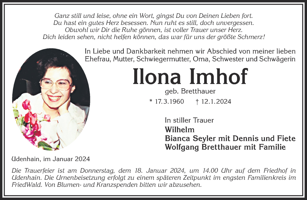  Traueranzeige für Ilona Imhof vom 16.01.2024 aus Gelnhäuser Neue Zeitung
