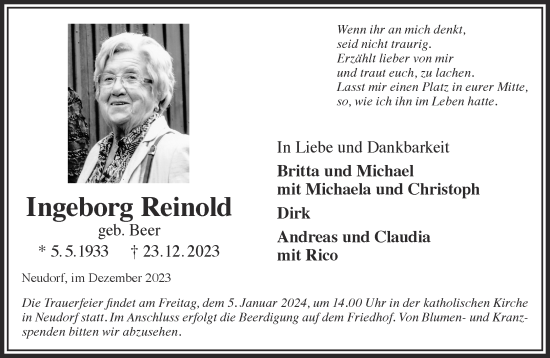Traueranzeige von Ingeborg Reinold von Gelnhäuser Neue Zeitung