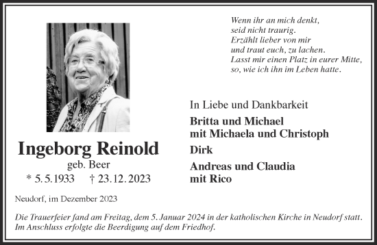 Traueranzeige von Ingeborg Reinold von Mittelhessen-Bote