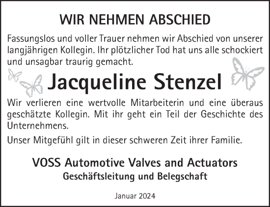 Traueranzeige von Jacqueline Stenzel von Mittelhessen-Bote