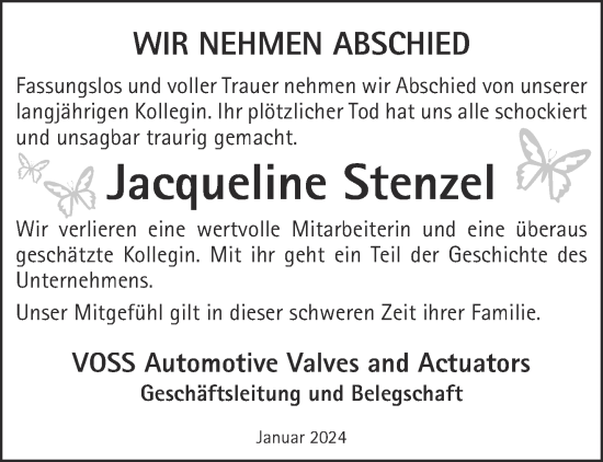 Traueranzeige von Jacqueline Stenzel von Gelnhäuser Neue Zeitung