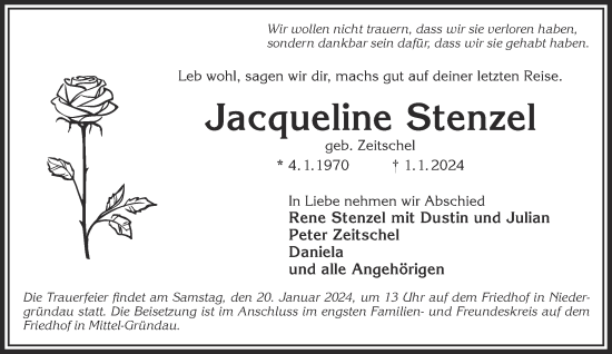 Traueranzeige von Jacqueline Stenzel von Gelnhäuser Neue Zeitung