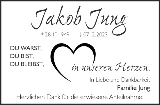 Traueranzeige von Jakob Jung von Mittelhessen-Bote
