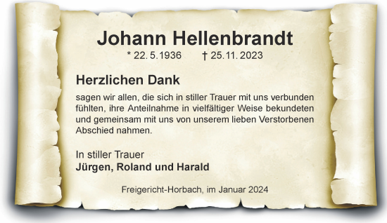 Traueranzeige von Johann Hellenbrandt von Gelnhäuser Neue Zeitung
