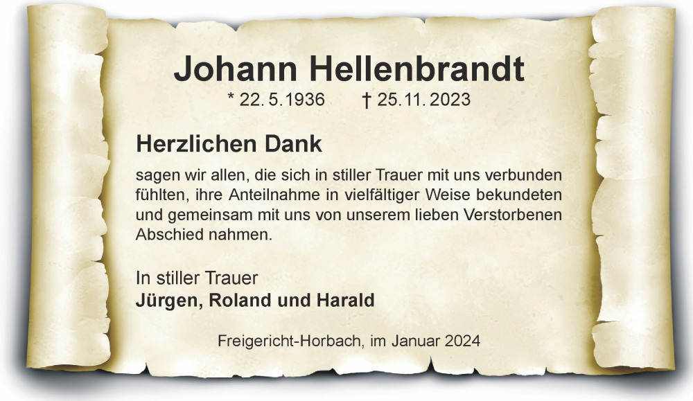  Traueranzeige für Johann Hellenbrandt vom 06.01.2024 aus Gelnhäuser Neue Zeitung