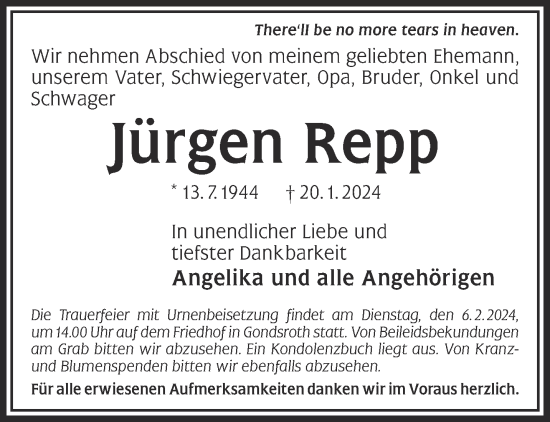 Traueranzeige von Jürgen Repp von Gelnhäuser Neue Zeitung