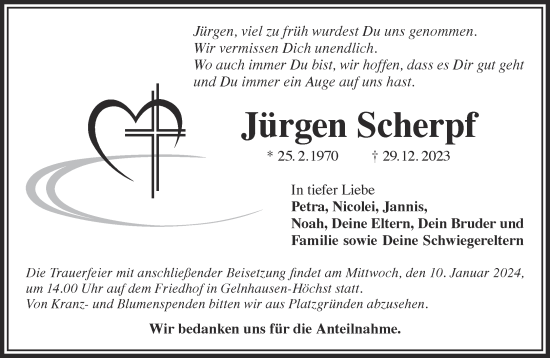 Traueranzeige von Jürgen Scherpf von Gelnhäuser Neue Zeitung