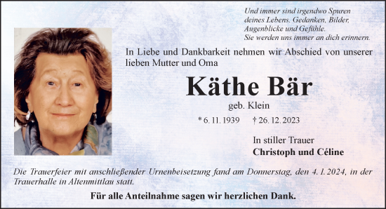 Traueranzeige von Käthe Bär von Mittelhessen-Bote