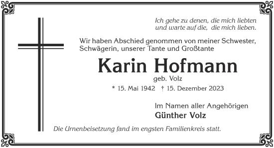 Traueranzeige von Karin Hofmann von Gelnhäuser Neue Zeitung