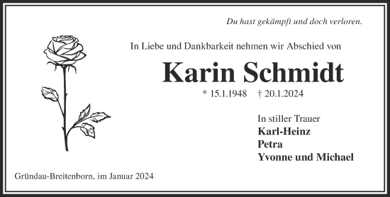 Traueranzeige von Karin Schmidt von Gelnhäuser Neue Zeitung