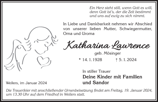 Traueranzeige von Katharina Lawrence von Gelnhäuser Neue Zeitung