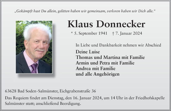 Traueranzeige von Klaus Donnecker von Gelnhäuser Neue Zeitung